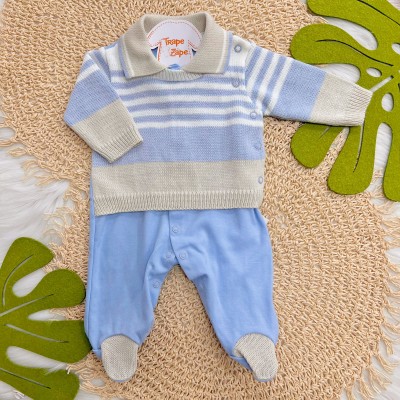 Macacão de Tricot Listras com Gola Polo - Azul Bebê